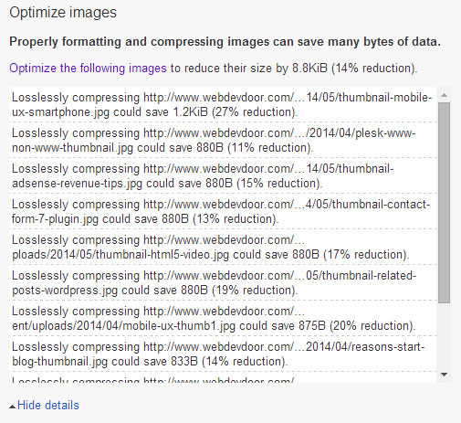 Page Speed Insights Unoptimised Images